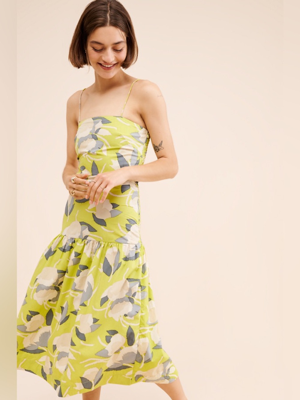S/W/F Classic Drop Waist Midi Dress Floral Green Multi